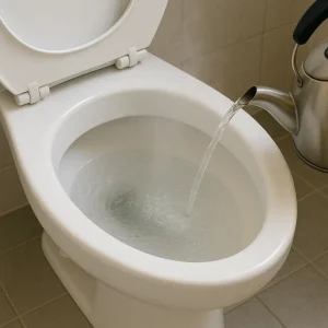 Warm Water Being Poured Into Toilet To Unclog