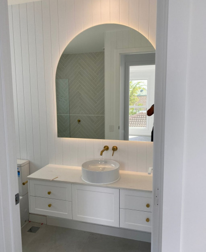 New Builds, arch mirror, gold taps, white and gold bathroom renovation