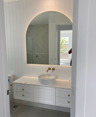 New Builds, arch mirror, gold taps, white and gold bathroom renovation