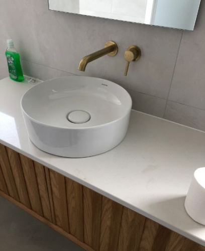 New Builds, vanity unit, round basin, gold tap ware
